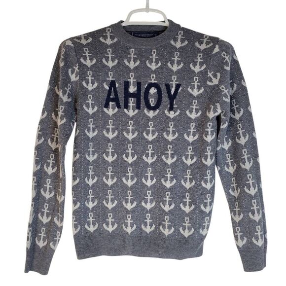 Vineyard Vines Kids Ahoy Anchor Print Merino Wool Blend Sweater Gray Medium - Picture 2 of 13